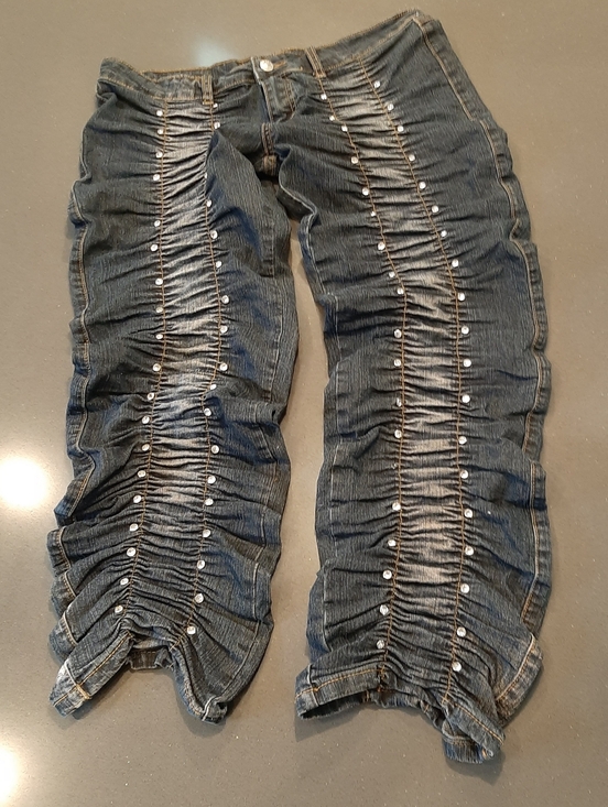 Jw Maxx Denim - Y2K Ruched Stacked Jeans Rhinestone Studded Denim XL G.W. Maxx Neo Classic